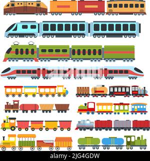 Cartoon-Züge. Kinder Spielzeug Zug mit Waggons, Kinder Eisenbahn Vektor Illustration Set Stock Vektor