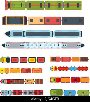 Züge von oben. Kinder Spielzeug Lokomotive Zug mit Waggons, Kinder Eisenbahn Vektor Illustration Set Stock Vektor