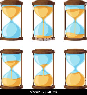 Cartoon-Sanduhr. Altes Sandglas mit fallendem Sand im Inneren, Vintage-Timer für die Zeitmessung, Animation Illustration Vektor-Set Stock Vektor
