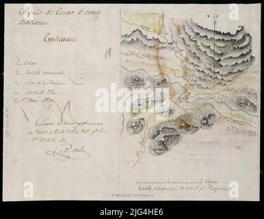 Ciezar und unmittelbare Skizzen. Manuskript vom Autor signiert und abonniert. Eine schwarze Tinte und farbige Aquarell in grau, blau, karminrot und siena orientiert mit Halb-Relief Pfeil durch Schattierung Verhältnis der wichtigsten geographischen Unfälle dargestellt, Villa und Burg durch numerische Schlüssel angezeigt Stockfoto