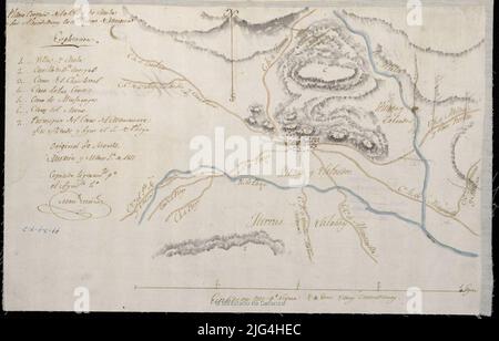 Croquis-Ebene der Villa de Mula und ihrer Umgebung. Im Reyno de Murcia. Manuskript vom Autor signiert und abonniert. Eine schwarze Tinte orientierte Relief dargestellt durch normale und Konfiguration Kurven Beziehung der wichtigsten geographischen Unfälle, Burg und Bevölkerung Kern durch numerische Schlüssel angezeigt zeigt Obstgärten und geschnitzt. Stockfoto