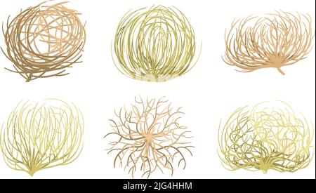 Cartoon-Tumbleweed. Westliche Täler und Wüsten Pflanzen, Rollen trocken Tumble Unkrautkugel Wurzeln Vektor-Set Stock Vektor