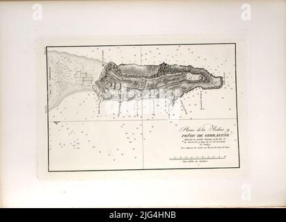 Plan der Bucht und Peñon de Gibraltar. Erwähnung der Verantwortung und Druck des Covers aus dem Cover des Atlas Graphic Scale of a Mile [= 7,5 cm]. Die Koordinaten von Punta Europe bezogen sich auf den Meridian von Cádiz (E 0 56'30 ''/N 36 05'30 ''). Orientiert mit LIS in vier Rumbos Lum zeigt die alten Docks, der Aguada und New, der Baluarte del Rey, Ensenadas de S. Juan und Europa, und Punta Europe, in dem ein Leuchtturm, dessen fanal gelb und rot gefärbt ist, dieser Brief wurde auch in Blatt lose veröffentlicht Stockfoto