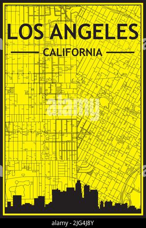 Goldenes Stadtplakat mit Panorama-Skyline und handgezeichneten Straßen auf gelb-schwarzem Hintergrund der Innenstadt VON LOS ANGELES, CALIFORN Stock Vektor