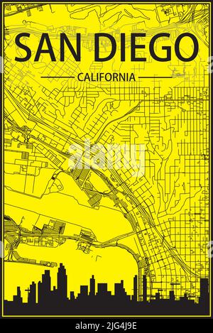 Goldenes Stadtplakat mit Panoramasilhouette und handgezeichneten Straßen auf gelb-schwarzem Hintergrund der Innenstadt von SAN DIEGO, KALIFORNIEN Stock Vektor