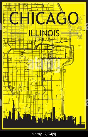 Goldenes Stadtplakat mit Panoramasilhouette und handgezeichneten Straßen auf gelb-schwarzem Hintergrund der Innenstadt VON CHICAGO, ILLINOIS Stock Vektor