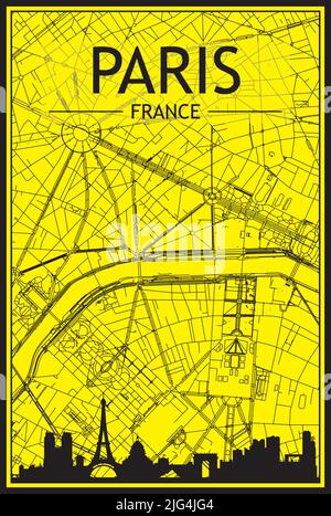 Goldenes Stadtplakat mit Panorama-Skyline und handgezeichneten Straßen auf gelb-schwarzem Hintergrund der Innenstadt VON PARIS, FRANKREICH (LoFi) Stock Vektor