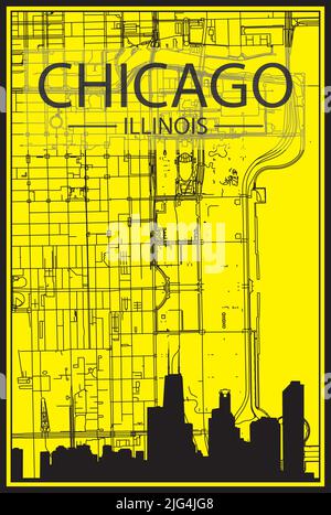 Goldenes Stadtplakat mit Panoramasilhouette und handgezeichneten Straßen auf gelb-schwarzem Hintergrund der Innenstadt VON CHICAGO, ILLINOIS Stock Vektor