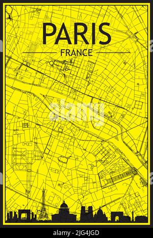 Goldenes Stadtplakat mit Panoramasilhouette und handgezeichneten Straßen auf gelb-schwarzem Hintergrund der Innenstadt VON PARIS, FRANKREICH Stock Vektor