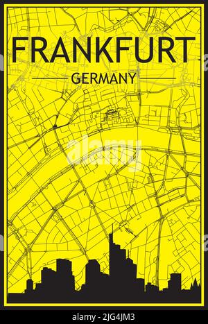 Goldenes Stadtplakat mit Panorama-Skyline und handgezeichneten Straßen auf gelb-schwarzem Hintergrund der Frankfurter Innenstadt Stock Vektor