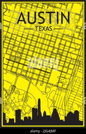 Goldenes Stadtplakat mit Panoramasilhouette und handgezeichneten Straßen auf gelb-schwarzem Hintergrund der Innenstadt VON AUSTIN, TEXAS Stock Vektor