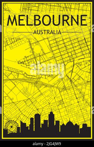Goldenes Stadtplakat mit Panoramasilhouette und handgezeichneten Straßen auf gelb-schwarzem Hintergrund der Innenstadt VON MELBOURNE, AUSTRALIEN Stock Vektor