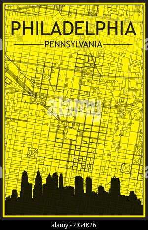 Goldenes Stadtplakat mit Panorama-Skyline und handgezeichneten Straßen auf gelb-schwarzem Hintergrund der Innenstadt VON PHILADELPHIA, PENNSYL Stock Vektor