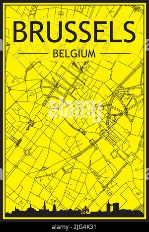 Goldenes Stadtplakat mit Panoramasilhouette und handgezeichneten Straßen auf gelb-schwarzem Hintergrund der Innenstadt VON BRÜSSEL, BELGIEN Stock Vektor