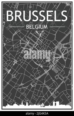 Ein Stadtplakat mit dunklem Ausdruck und Panoramasilhouette und handgezeichneten Straßen auf dunkelgrauem Hintergrund der Innenstadt VON BRÜSSEL, BELGIEN Stock Vektor