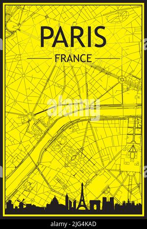 Goldenes Stadtplakat mit Panoramasilhouette und handgezeichneten Straßen auf gelb-schwarzem Hintergrund der Innenstadt VON PARIS, FRANKREICH Stock Vektor