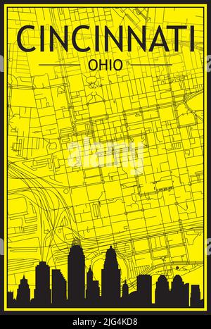 Goldenes Stadtplakat mit Panoramasilhouette und handgezeichneten Straßen auf gelb-schwarzem Hintergrund der Innenstadt VON CINCINNATI, OHIO Stock Vektor