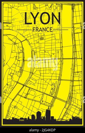 Goldenes Stadtplakat mit Panoramasilhouette und handgezeichneten Straßen auf gelb-schwarzem Hintergrund der Innenstadt VON LYON, FRANKREICH Stock Vektor