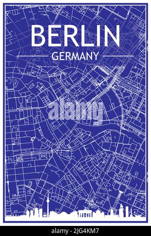 Technische Zeichnung Ausdruck Stadtplakat mit Panorama-Skyline und handgezeichneten Straßen Netzwerk auf blauem Hintergrund der Innenstadt VON BERLIN, DEUTSCHLAND Stock Vektor