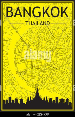 Goldenes Stadtplakat mit Panoramasilhouette und handgezeichneten Straßen auf gelb-schwarzem Hintergrund der Innenstadt VON BANGKOK, THAILAND Stock Vektor