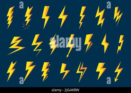 Blitzsymbol. Donnerschlag, Blitzgeschwindigkeit und Gewitterformen. Vektor-Set für Strom- und Ladesymbole Stock Vektor