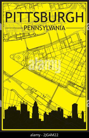 Goldenes Stadtplakat mit Panorama-Skyline und handgezeichneten Straßen auf gelb-schwarzem Hintergrund der Innenstadt VON PITTSBURGH, PENNSYLVA Stock Vektor