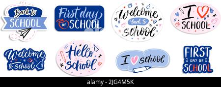 Willkommen zurück zu den Schulabzeichen. Handgezeichnete Beschriftungsetiketten, Typografie-Tags für den Bildungsbereich und Embleme-Vektorset Stock Vektor