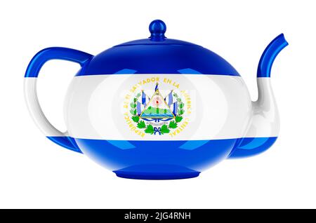 Teekannen mit salvadorianischem Flag, 3D Rendering isoliert auf weißem Hintergrund Stockfoto