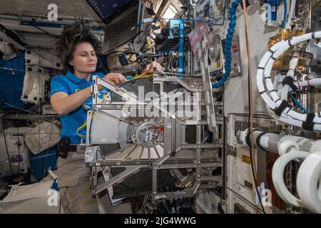 International Space Station Expedition 67 die Flugingenieurin Samantha Cristoforetti der ESA ersetzt die Zentrifugenkomponenten im Columbus-Labormodul BioLab, eine Forschungseinrichtung, die die Auswirkungen von Weltraum und Strahlung auf einzellige und multizelluläre Organismen an Bord des umkreisenden spacelab untersucht, 23. Juni 2022 in Earth Orbit. Stockfoto
