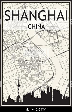Stadtplakat mit hellem Ausdruck und Panoramasilhouette und handgezeichneten Straßen auf Vintage-beigefarbenem Hintergrund der Innenstadt VON SHANGHAI, CHINA Stock Vektor
