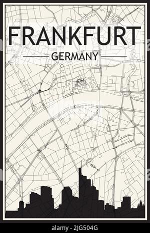 Stadtplakat mit hellem Ausdruck und Panoramasilhouette und handgezeichneten Straßen auf Vintage-beigefarbenem Hintergrund der Frankfurter Innenstadt Stock Vektor