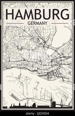 Stadtplakat mit hellem Ausdruck und Panorama-Skyline und handgezeichneten Straßen auf Vintage-beigen Hintergrund der Hamburger Innenstadt Stock Vektor
