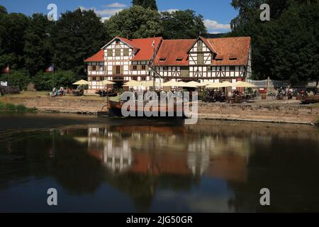 Blick auf den historischen Werra Hafen in Wanfried Stockfoto