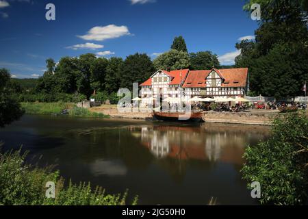 Blick auf den historischen Werra Hafen in Wanfried Stockfoto