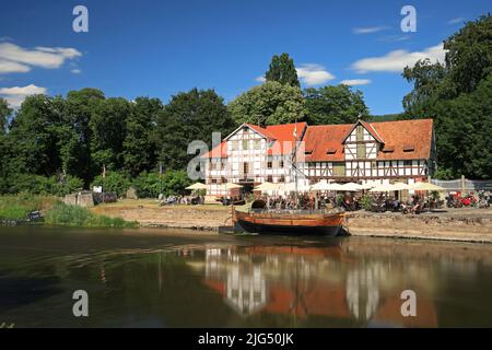 Blick auf den historischen Werra Hafen in Wanfried Stockfoto