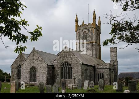 Blick in und um St. Breaca Parish Church in Breage, Helston, Cornwall Stockfoto