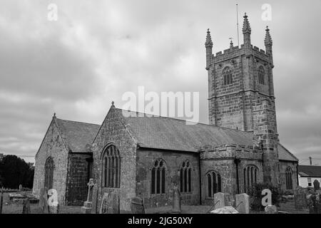 Blick in und um St. Breaca Parish Church in Breage, Helston, Cornwall Stockfoto