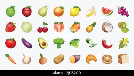 Lebensmittel und Getränke, Fruchtsymbole, Emojis, Emoticons, Aufkleber, Symbole Gemüse, Kuchen, Vektor-Illustration flach Symbole Set, Sammlung, Packung. Stock Vektor