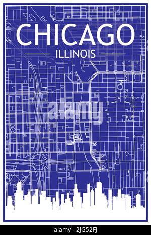 Technisches Zeichnungsausdruck Stadtplakat mit Panorama-Skyline und handgezeichneten Straßen Netzwerk auf blauem Hintergrund der Innenstadt VON CHICAGO, ILLINOIS Stock Vektor