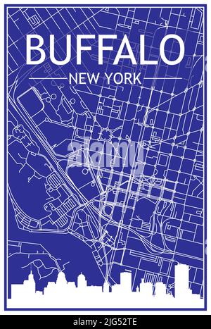 Technisches Zeichnungsausdruck Stadtplakat mit Panorama-Skyline und handgezeichneten Straßen Netzwerk auf blauem Hintergrund der Innenstadt VON BUFFALO, NEW YORK Stock Vektor