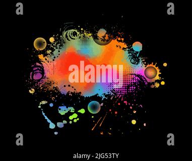 Abstrakt Vektor Splatter Multi Color auf schwarzer Farbe Hintergrund Design. Illustration Vektor Design Hintergrund. Stock Vektor