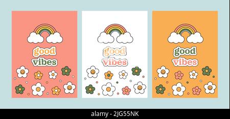 Gute Vibes 1970 Set. Drei Postkarten mit bunten Cartoon-Gänseblümchen und Regenbogen. 70s vibes Hintergrund. Trippige handgezeichnete Vektorgrafik. Stock Vektor