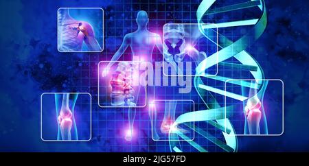 Medizinisch-wissenschaftliches Konzept und Stammzelltherapie oder DNA-genetische Behandlung für schmerzhafte Gelenke und Gentherapie mit 3D Illustrationselementen. Stockfoto