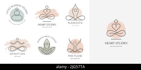 Yoga, Zen und Meditation Lineare Symbole und Logos Stock Vektor