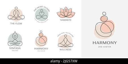 Yoga, Zen und Meditation Lineare Symbole und Logos Stock Vektor