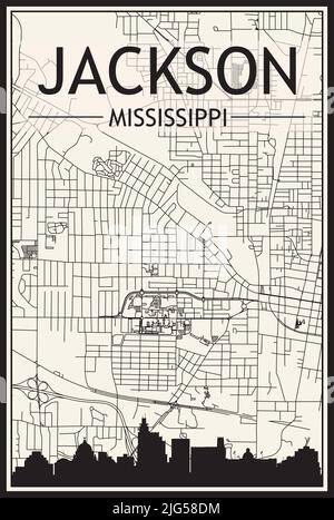 Stadtplakat mit hellem Ausdruck und Panoramasilhouette und handgezeichneten Straßen auf Vintage-beigefarbenem Hintergrund der Innenstadt VON JACKSON, MISSISSIPPI Stock Vektor