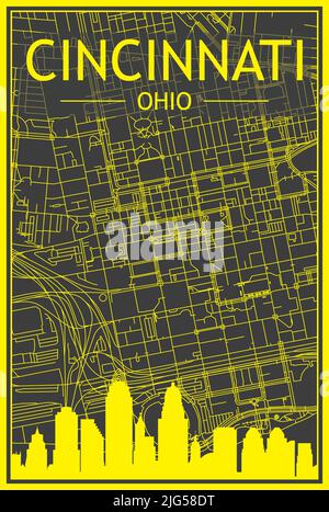 Gelbes Stadtplakat mit Panorama-Skyline und handgezeichneten Straßen auf dunkelgrauem Hintergrund der Innenstadt VON CINCINNATI, OHIO Stock Vektor