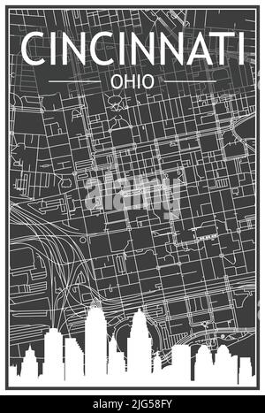 Stadtplakat mit dunklem Ausdruck und Panoramasilhouette und handgezeichneten Straßen auf dunkelgrauem Hintergrund der Innenstadt VON CINCINNATI, OHIO Stock Vektor