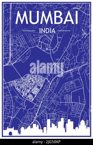 Technisches Zeichnungsausdruck Stadtplakat mit Panorama-Skyline und handgezeichneten Straßen Netzwerk auf blauem Hintergrund der Innenstadt VON MUMBAI, INDIEN Stock Vektor