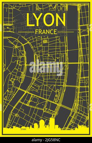 Gelbes Stadtplakat mit Panorama-Skyline und handgezeichneten Straßen auf dunkelgrauem Hintergrund der Innenstadt VON LYON, FRANKREICH Stock Vektor